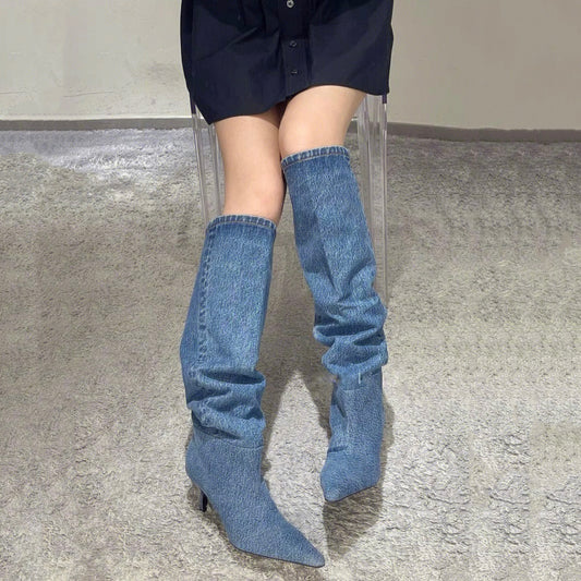 Pointed Toe Over the Knee Denim Pile Boots